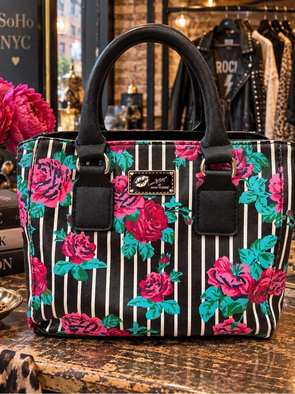 Betsy Johnson Small Floral Stripe Tote Bag